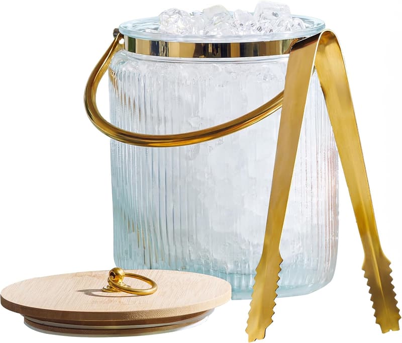 Ribbed Glass Ice Bucket with Airtight Lid and Handle - 3L Cooler