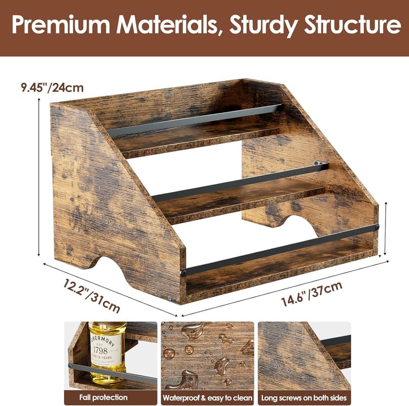 Wooden 3-Step Liquor Bottle Display Shelf & Coffee Syrup Organizer