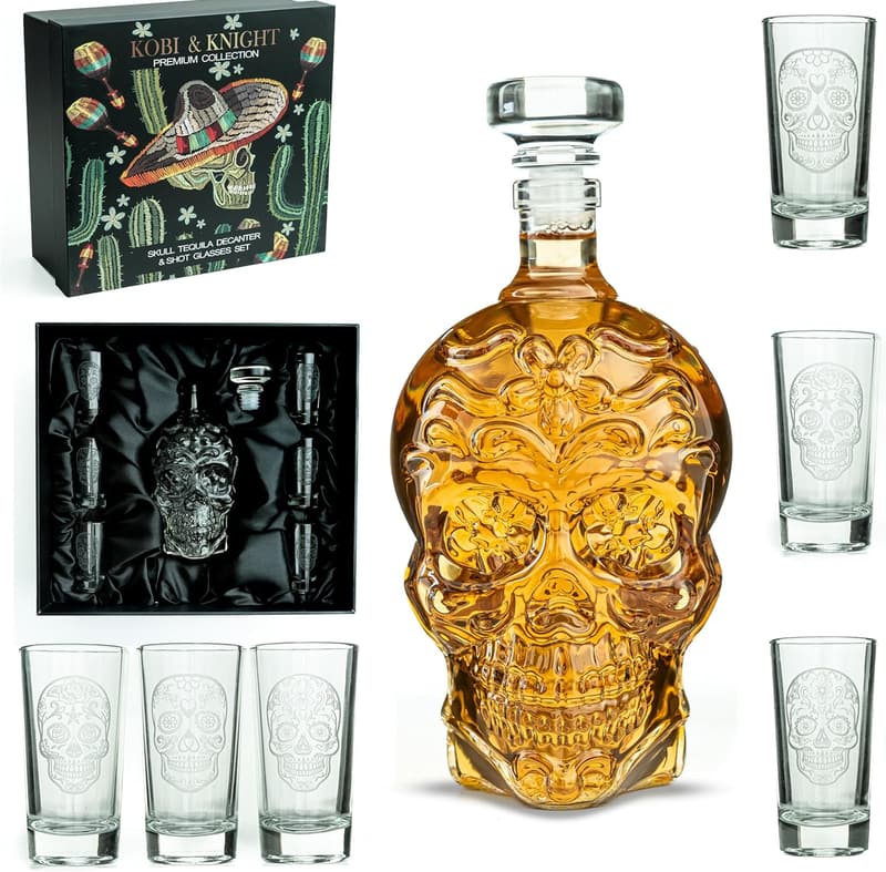 Handmade Skull Tequila Decanter Set with 6 Shot Glasses