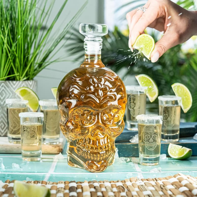 Handmade Skull Tequila Decanter Set with 6 Shot Glasses