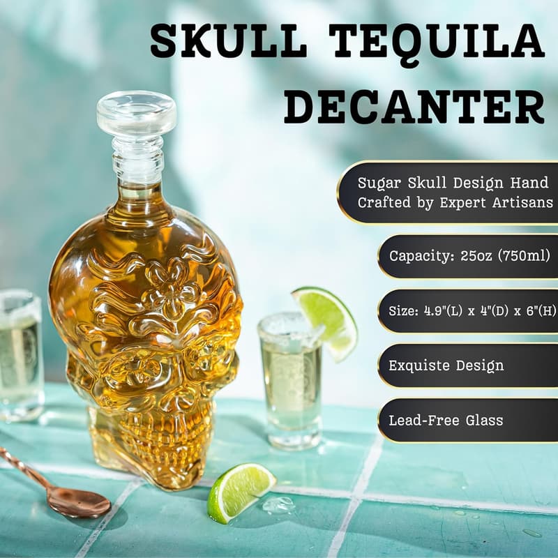 Handmade Skull Tequila Decanter Set with 6 Shot Glasses