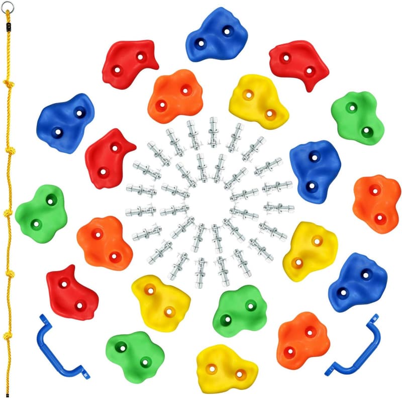 Kids' Wall Climbing Kit - 20 Rock Holds, 2 Handles & Rope