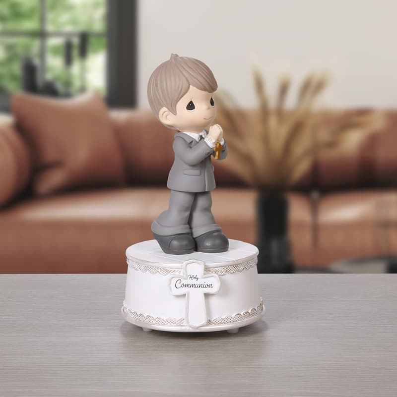 First Communion Boy Figurine - Wind-Up Musical Resin Keepsake