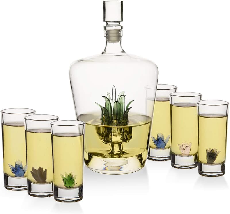 Handblown Agave Tequila Decanter & Shot Glass Set