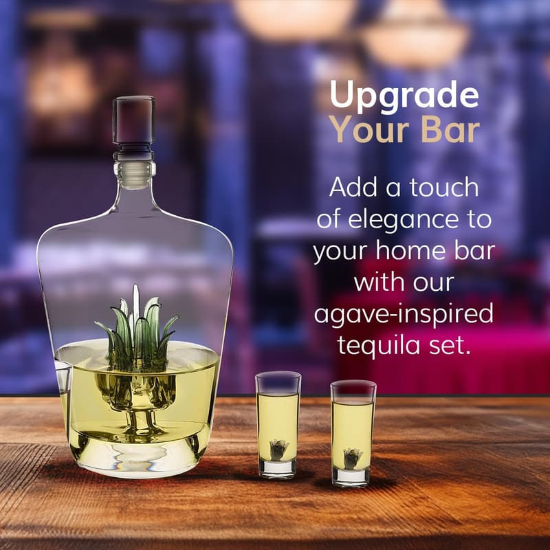 Handblown Agave Tequila Decanter & Shot Glass Set