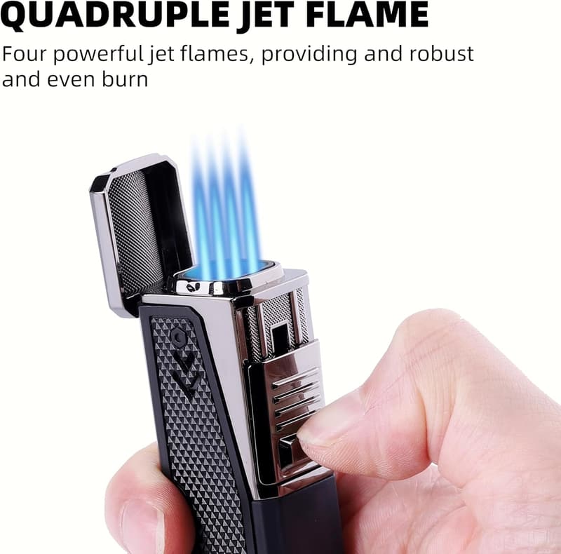 Quadruple Jet Flame Windproof Butane Lighter 2-Pack (Black)