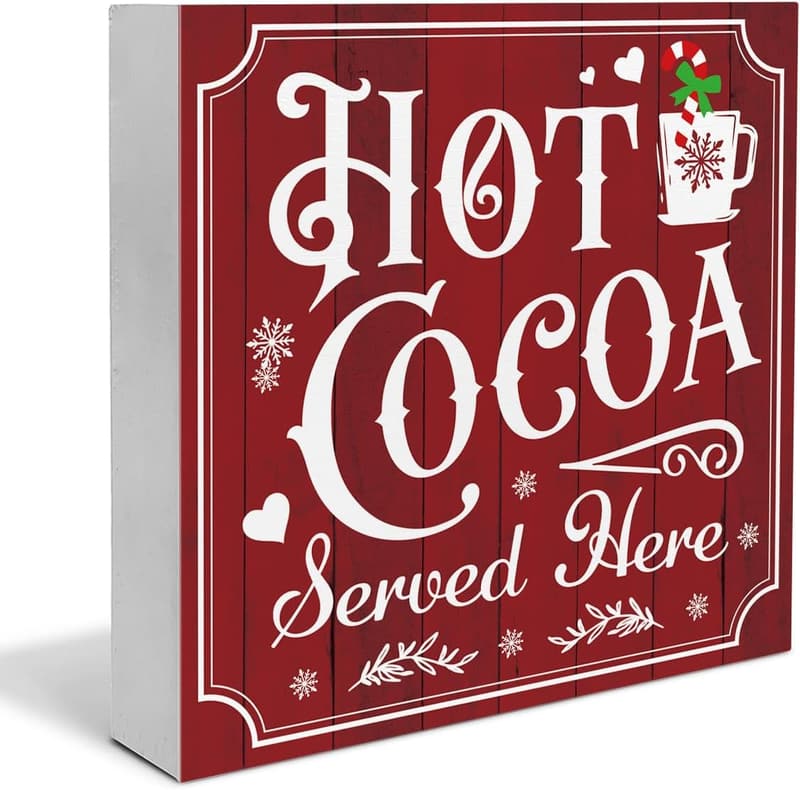 Vintage Hot Cocoa Wooden Sign for Christmas Kitchen Decor 5x5 Inch