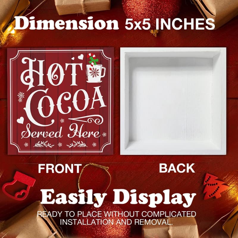 Vintage Hot Cocoa Wooden Sign for Christmas Kitchen Decor 5x5 Inch
