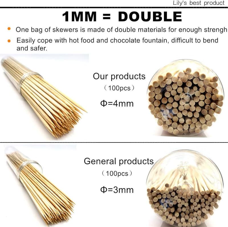 Natural Bamboo Skewers for BBQ and Cocktails - 100 PCS