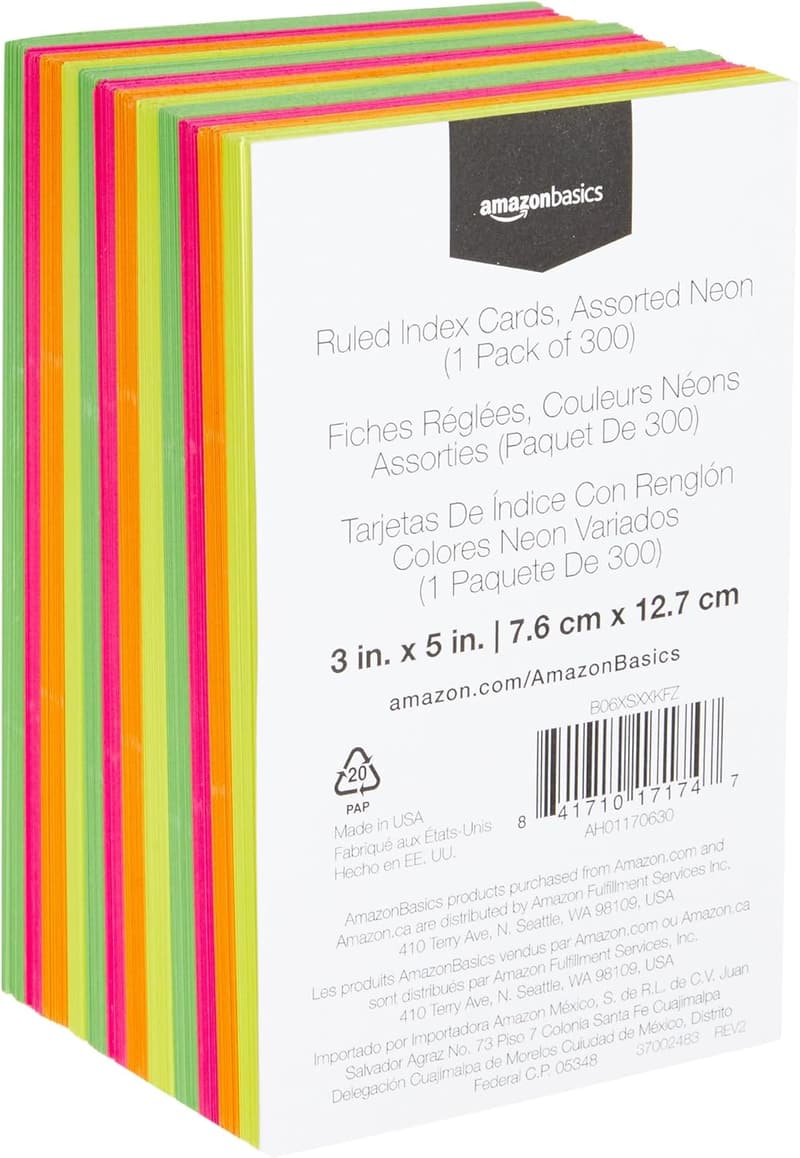 Assorted Neon 3x5 Inch Index Flash Cards - 300 Count