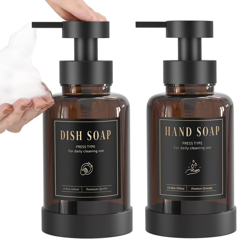 Amber Glass Foam Soap Dispenser Set with Waterproof Labels - 15 Oz