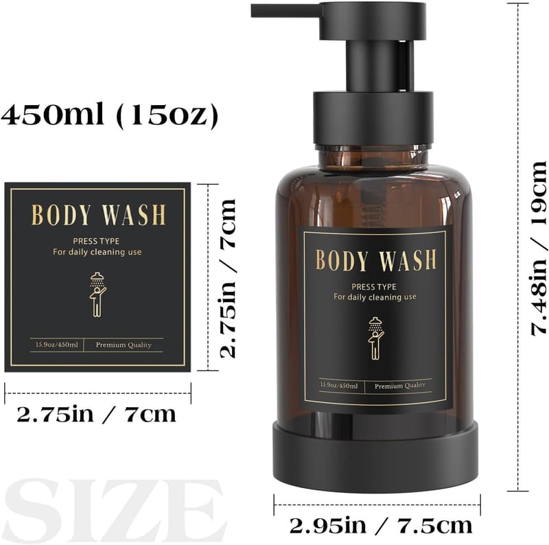 Amber Glass Foam Soap Dispenser Set with Waterproof Labels - 15 Oz