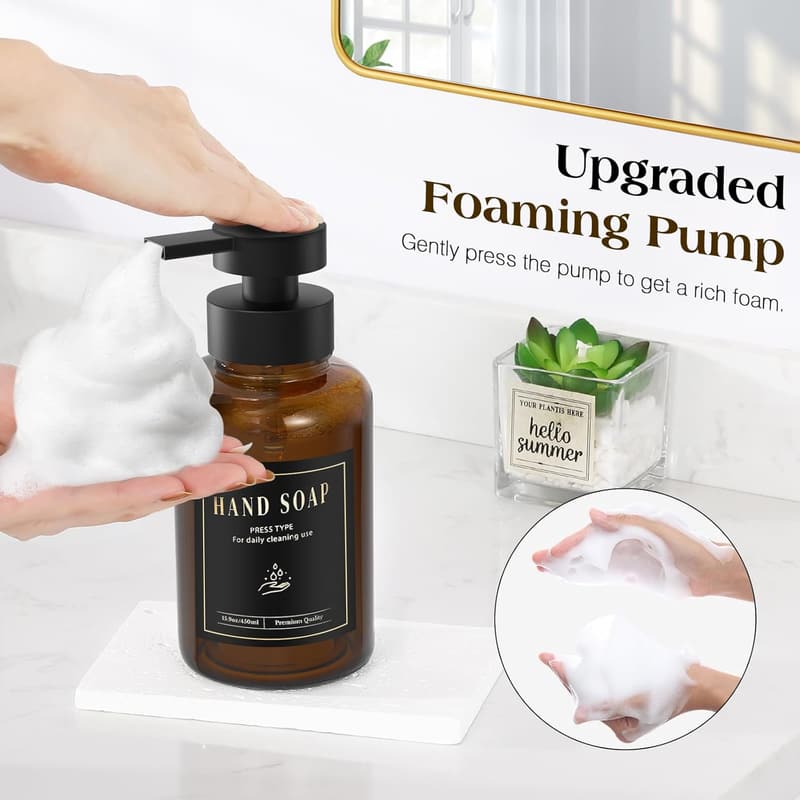 Amber Glass Foam Soap Dispenser Set with Waterproof Labels - 15 Oz