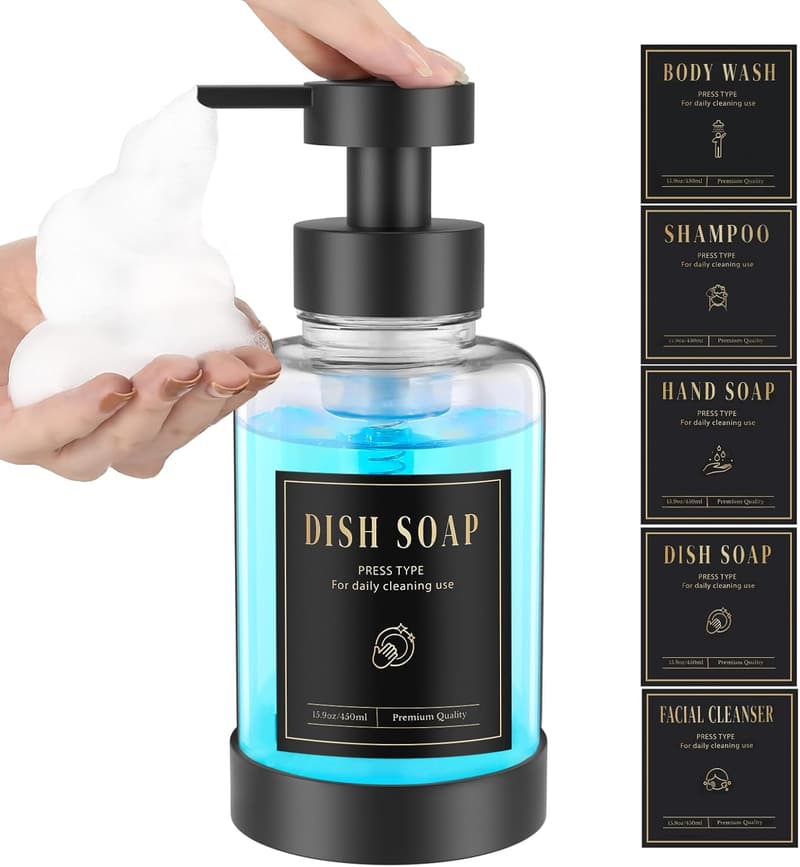 Clear Glass Foaming Soap Dispenser with 5 Labels - 15 Oz