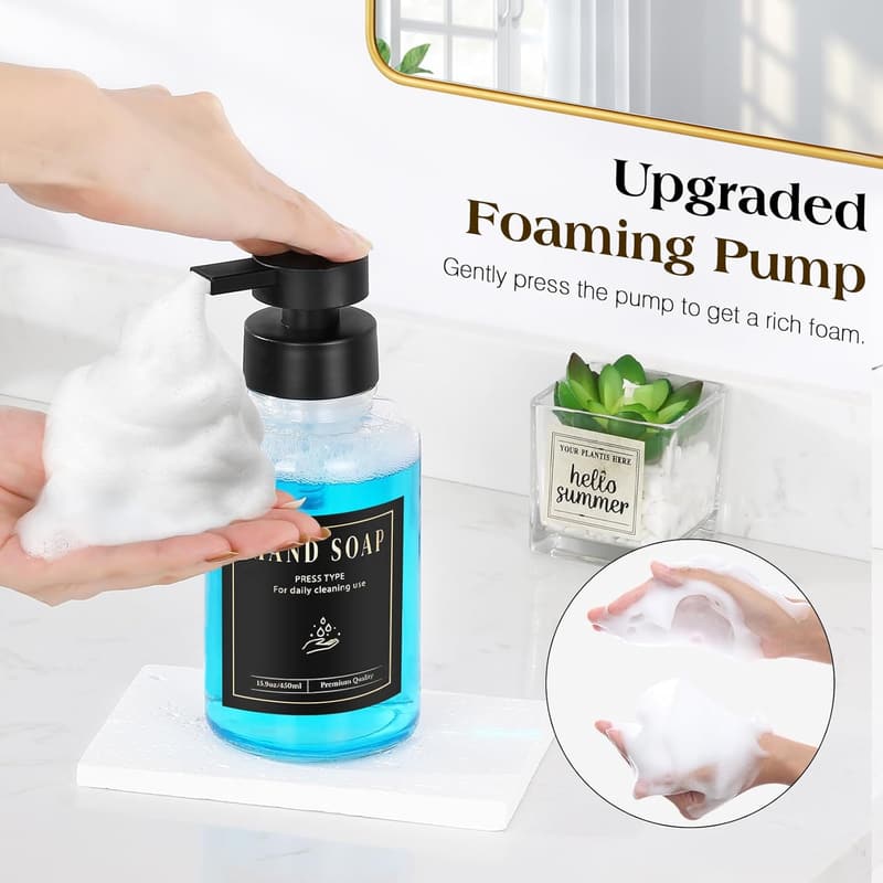 Clear Glass Foaming Soap Dispenser with 5 Labels - 15 Oz