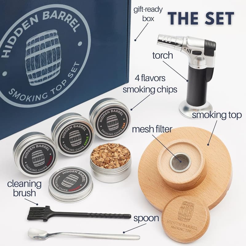 Whiskey Smoker Kit with Torch & 4 Flavor Wood Chips