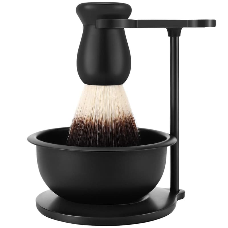 Men's Grooming Kit: Matte Black Shaving Stand with Brush & Bowl