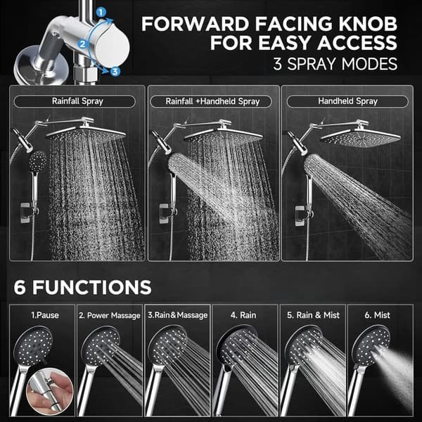 Dual Shower Head Combo with 6 Modes & Extension Arm - Silver Chrome