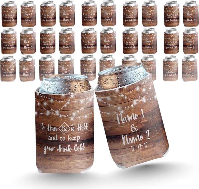 Personalized Wedding Can Coolers - Rustic Brown Design