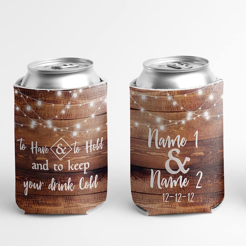 Personalized Wedding Can Coolers - Rustic Brown Design