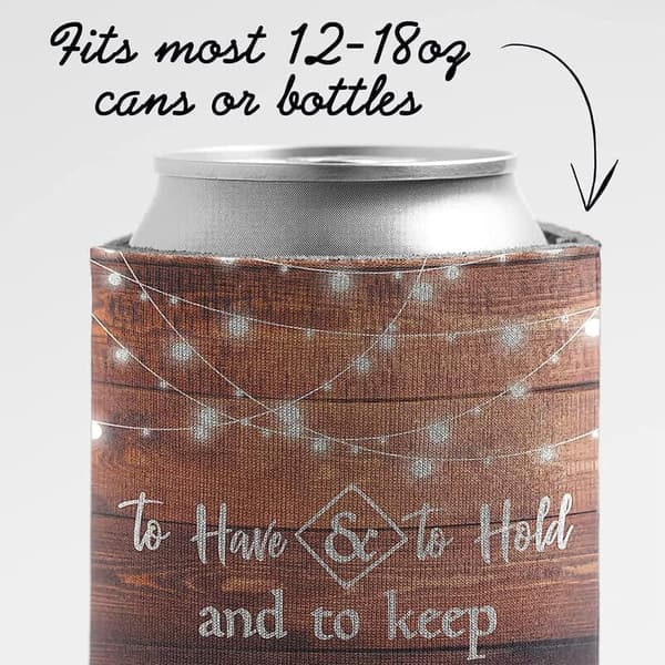 Personalized Wedding Can Coolers - Rustic Brown Design