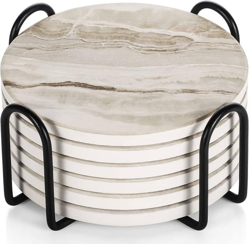 Absorbent Black Marble Coasters Set with Holder for Home Decor