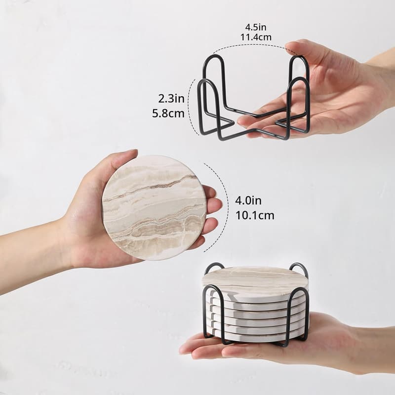 Absorbent Black Marble Coasters Set with Holder for Home Decor