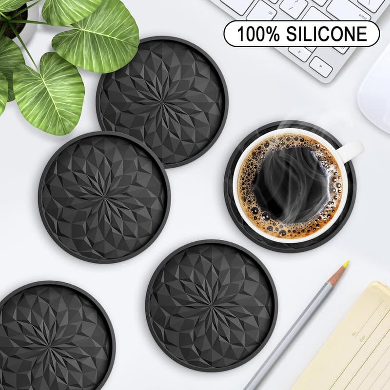 Silicone Drink Coasters with Holder - 6 Pack, Non-Slip Black