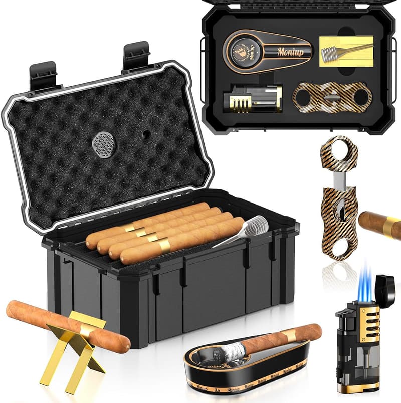 Portable Cigar Humidor Set with Torch Lighter & Accessories for Men