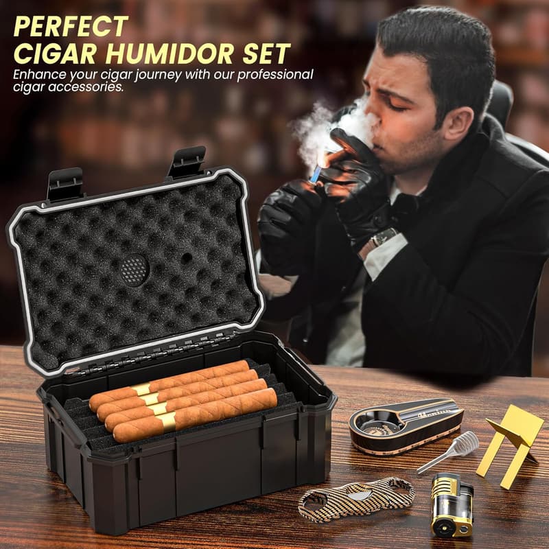 Portable Cigar Humidor Set with Torch Lighter & Accessories for Men
