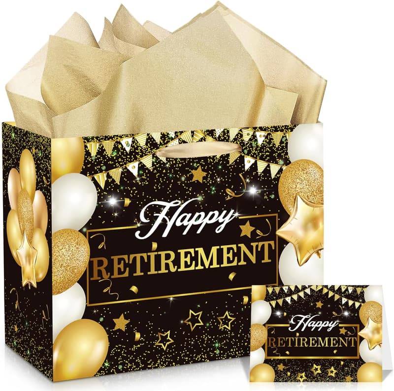 Happy Retirement Gift Bag Set - Large Black & Gold with Card