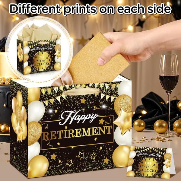 Happy Retirement Gift Bag Set - Large Black & Gold with Card