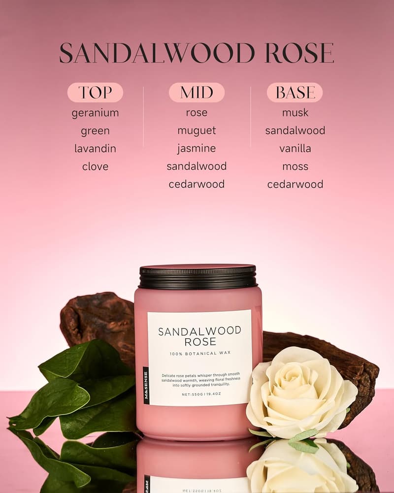 Sandalwood Rose Scented Candle, Natural Soy Wax, 19.4oz