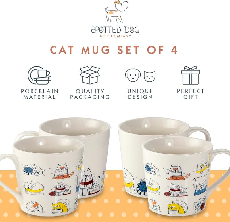 Cute Cat Mug Set for Cat Lovers - Ceramic, 13oz, Set of 4