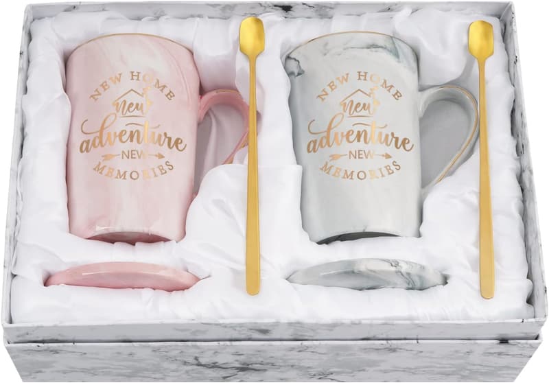 Housewarming Gift Set - 14 oz Pink & Gray Coffee Mugs for Couples