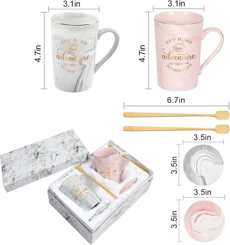 Housewarming Gift Set - 14 oz Pink & Gray Coffee Mugs for Couples