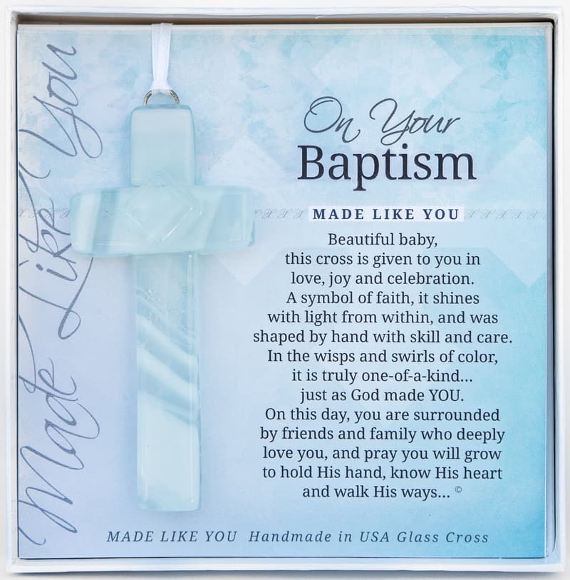 Beautiful Handmade Aqua Glass Cross for Baby Baptism Gift