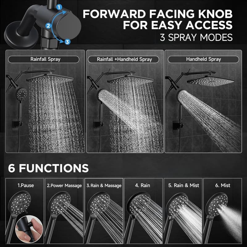 Adjustable Matte Black Dual Shower Head with 6 Spray Modes