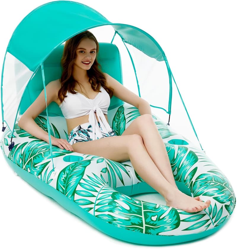 Inflatable Pool Float with Canopy & Cup Holders for Adults