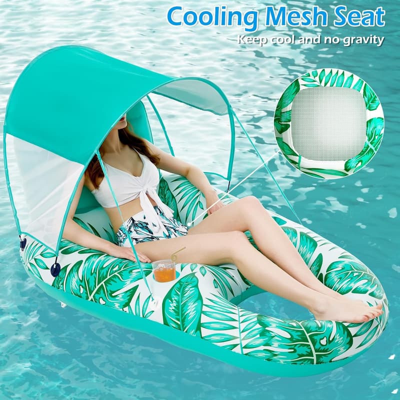 Inflatable Pool Float with Canopy & Cup Holders for Adults