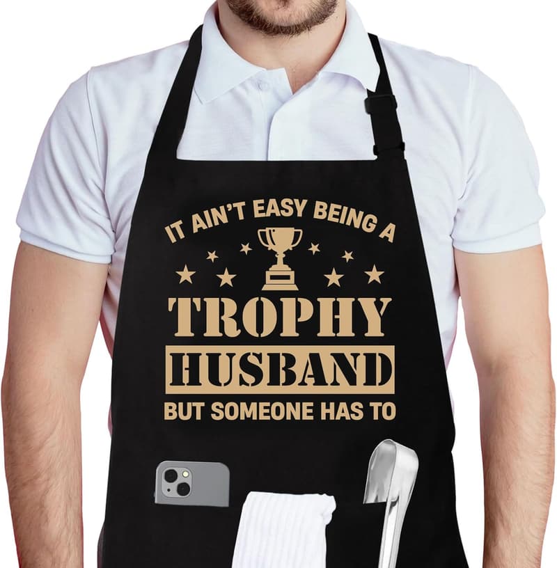 Trophy Husband Apron – Funny BBQ Apron with Pockets for Men