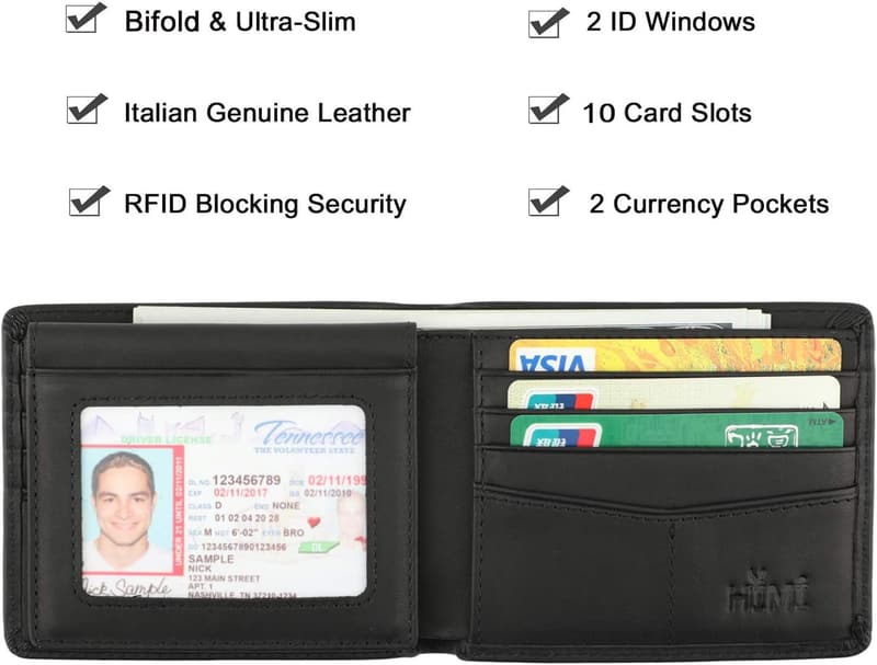 Genuine Leather RFID Blocking Bifold Wallet for Men