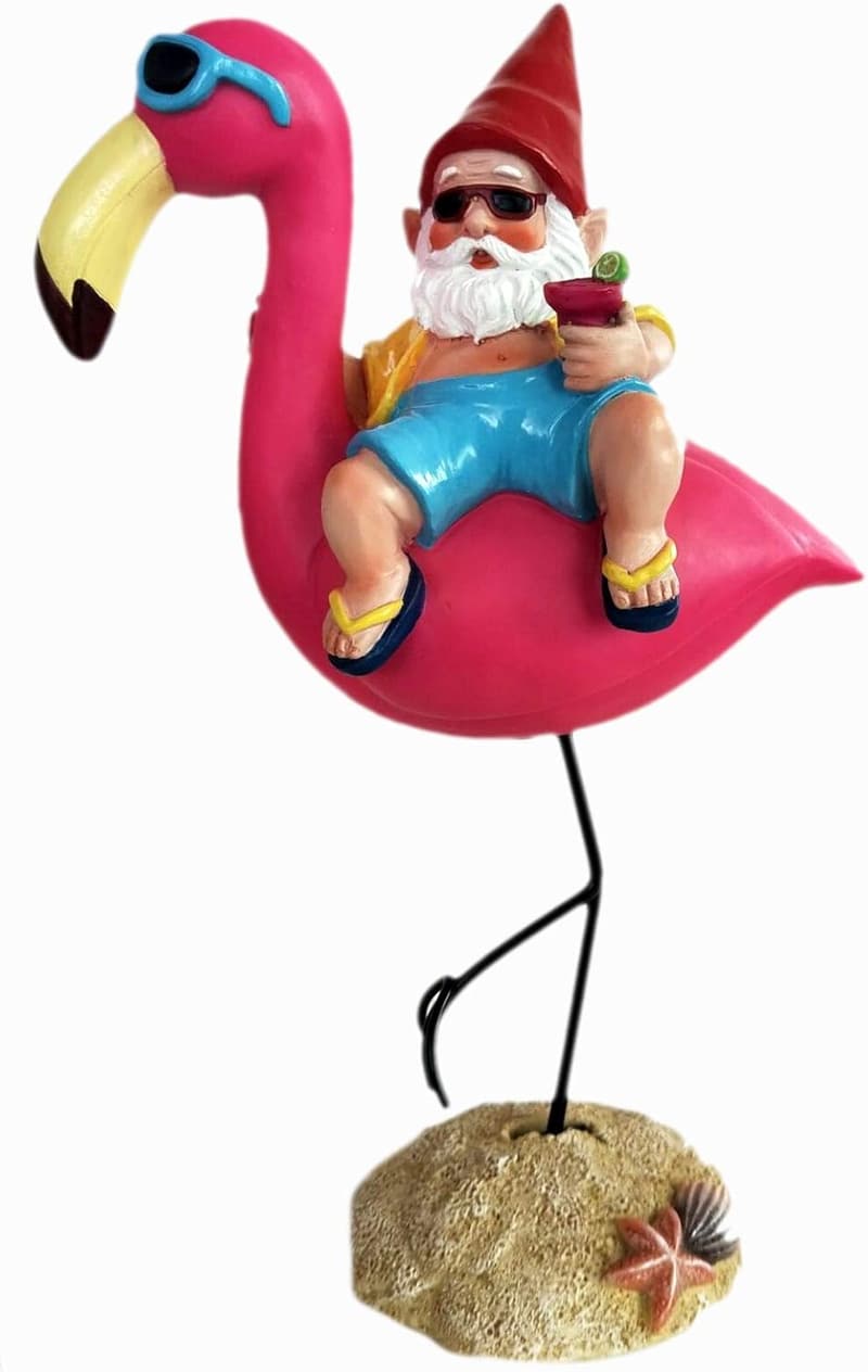 Garden Statue - Funny Gnome and Flamingo for Outdoor Decor