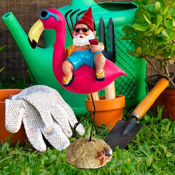 Garden Statue - Funny Gnome and Flamingo for Outdoor Decor