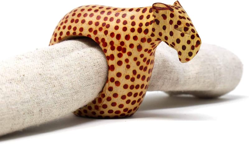 Cheetah Mahogany Wooden Napkin Ring Holders - Set of 6
