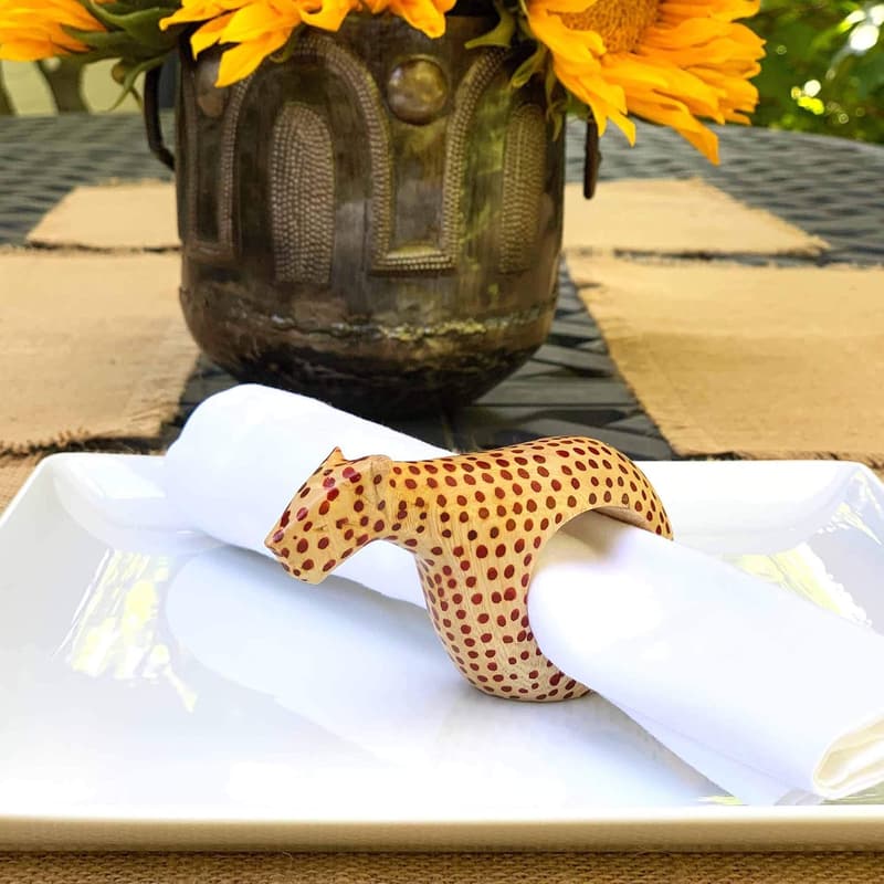 Cheetah Mahogany Wooden Napkin Ring Holders - Set of 6