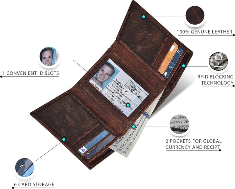 RFID Slim Real Leather Trifold Wallet for Men
