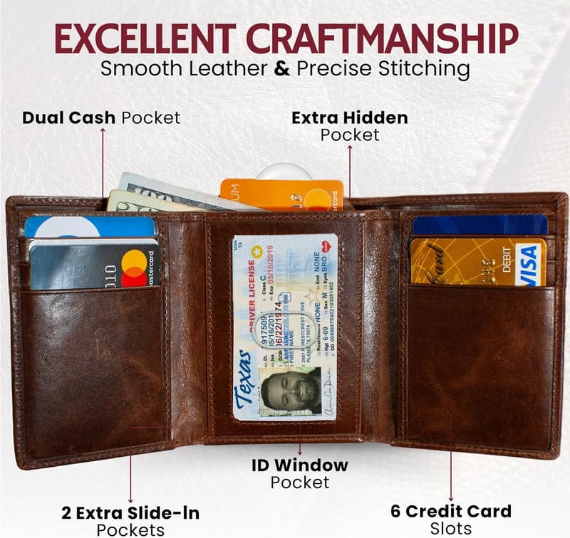 Men's Leather RFID Trifold Wallet for Outdoor Use