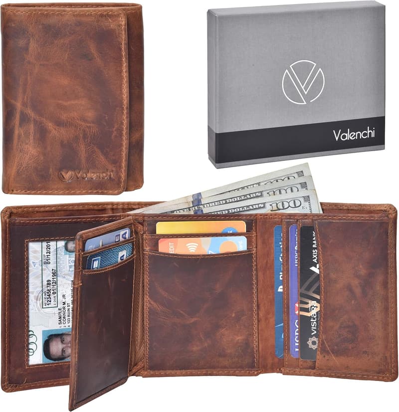 Leather RFID Trifold Wallet with 9 Card Slots & ID Window