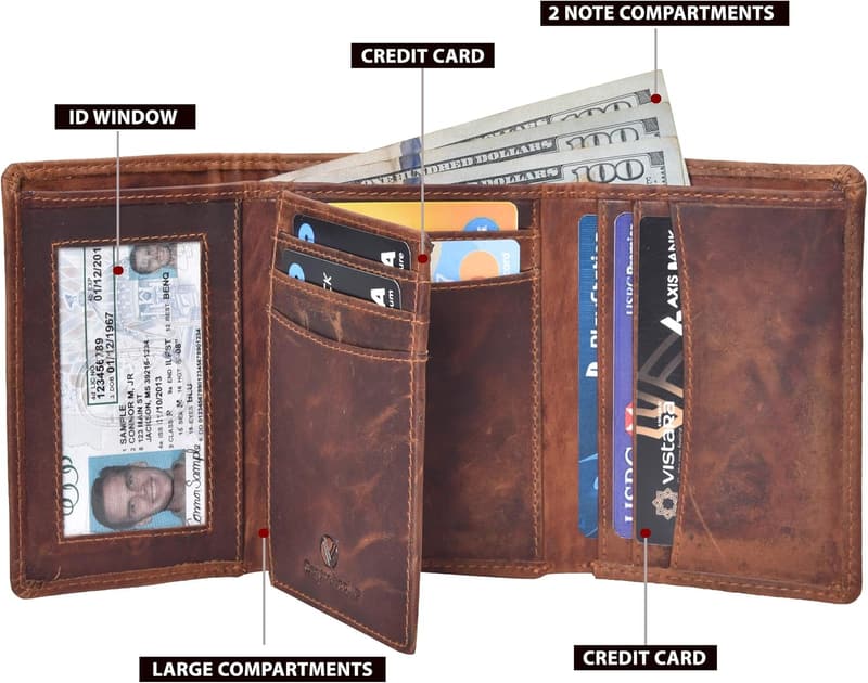 Leather RFID Trifold Wallet with 9 Card Slots & ID Window